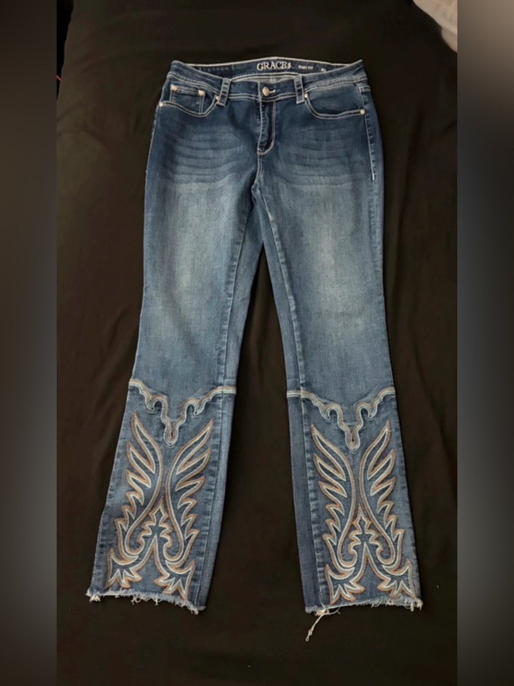 Grace in LA Blue Embroidered Flare Jeans